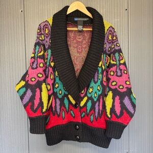 VTG IB DIFFUSION Sweater Cardigan Colorful Pattern Oversized Collar Lapel XS